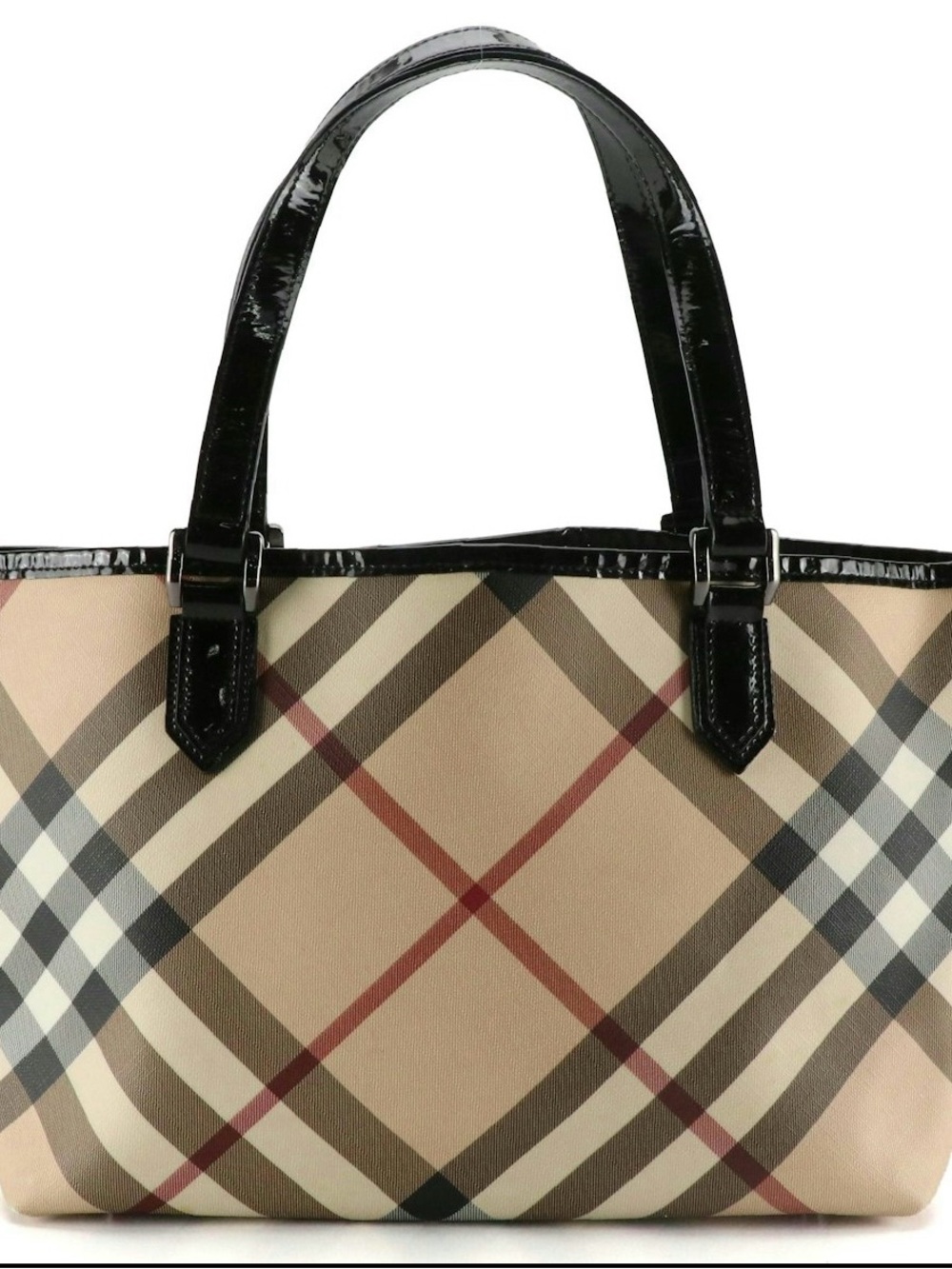 Burberry Nickie Tote in Supernova Check Canvas w/Black Glossy Leather Top Handle